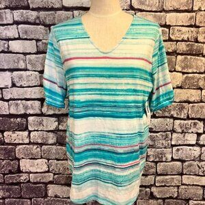 Chico's NWT Aqua, White & Pink Short Sleeve V-Neck Top Size XL